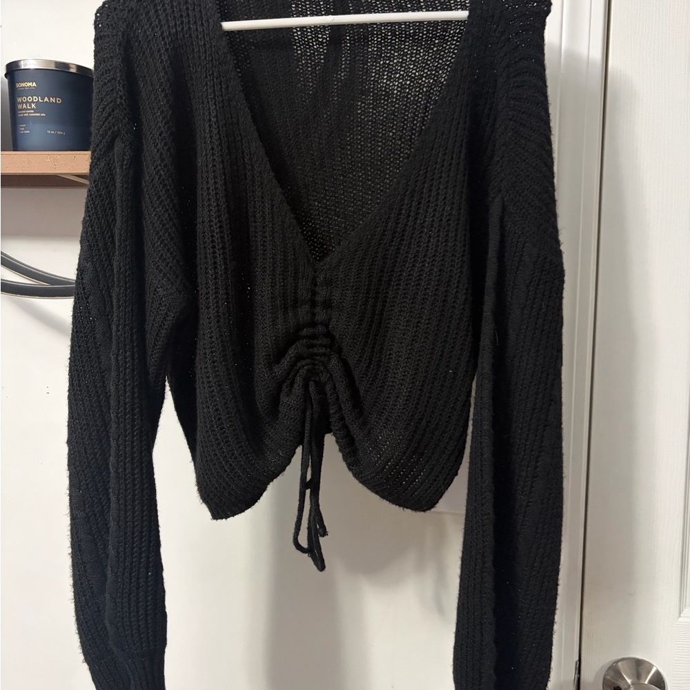 SHEIN Black V-Neck Drawstring Knit Sweater